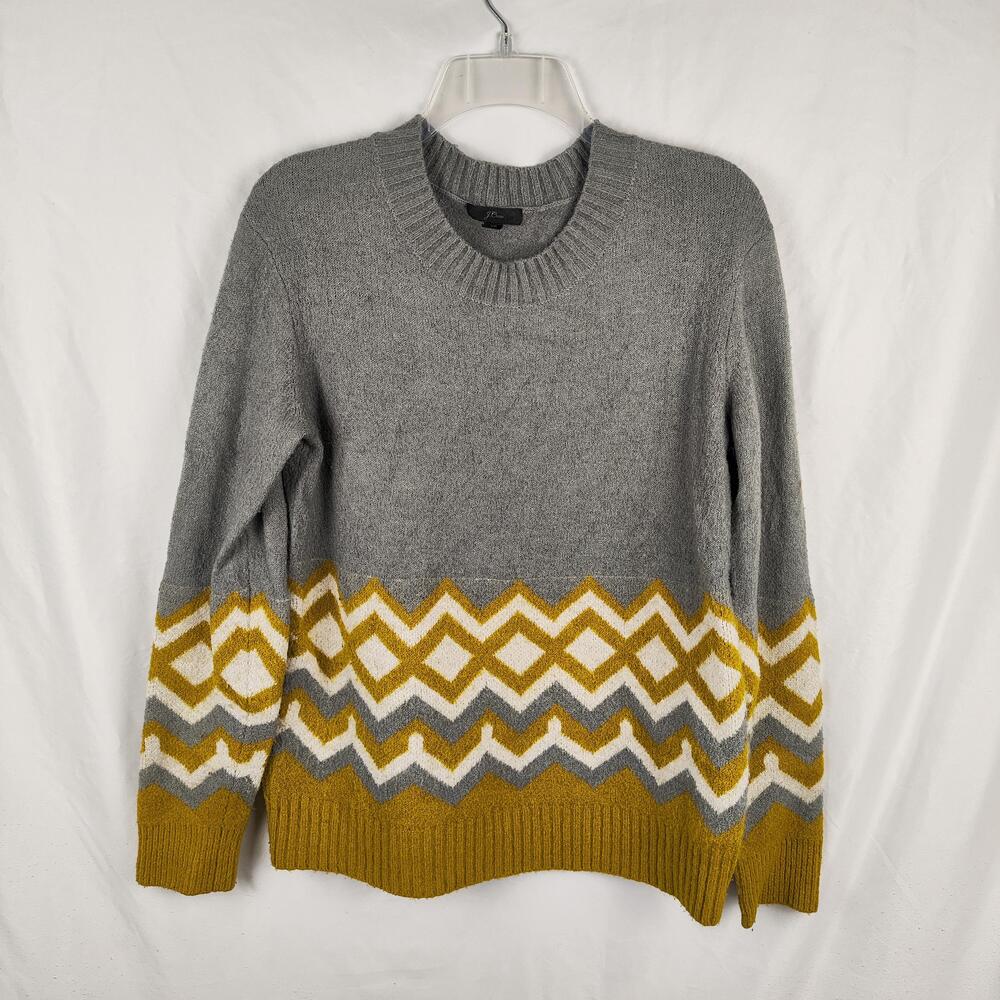 J Crew Sweater Womens XS Gray Yellow Geometric Soft Knit Crew Neck Pullover